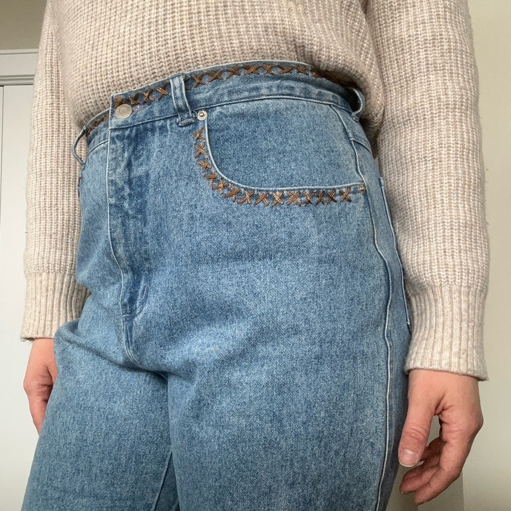 Vintage Hand Embroidered Ultra High Rise 90’s Cotton Denim Mom Straight Leg Jean